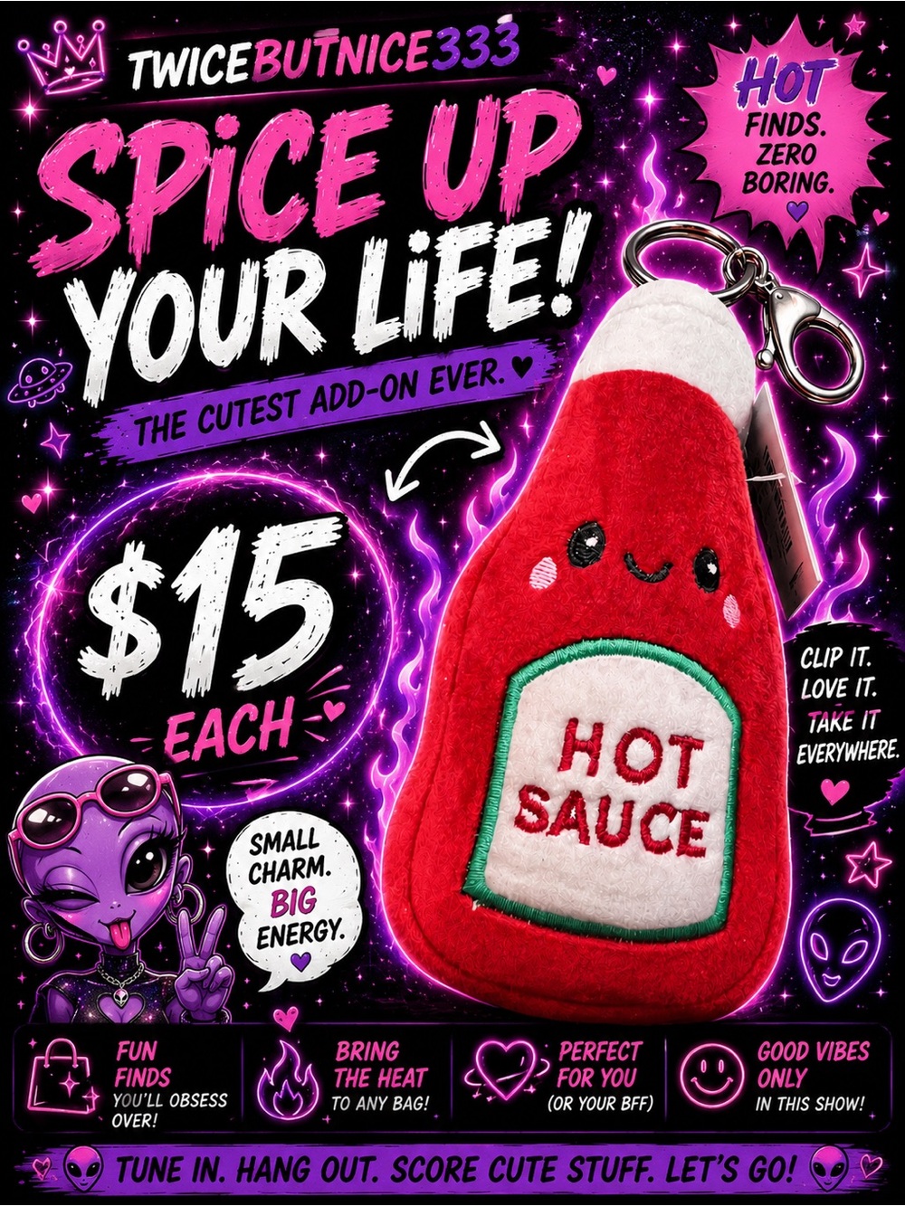 🔥 Hot Sauce Large Cutie Bag Charm Keychain | Funny Kawaii Plush (6”x3”)